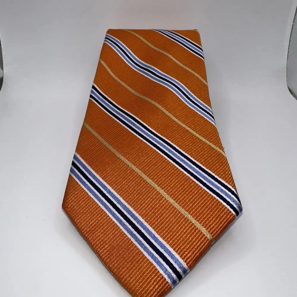 Paul Fredrick Mens Tie Orange Blue Gold Striped 100% Silk 58 x‎ 3.5 Classic
